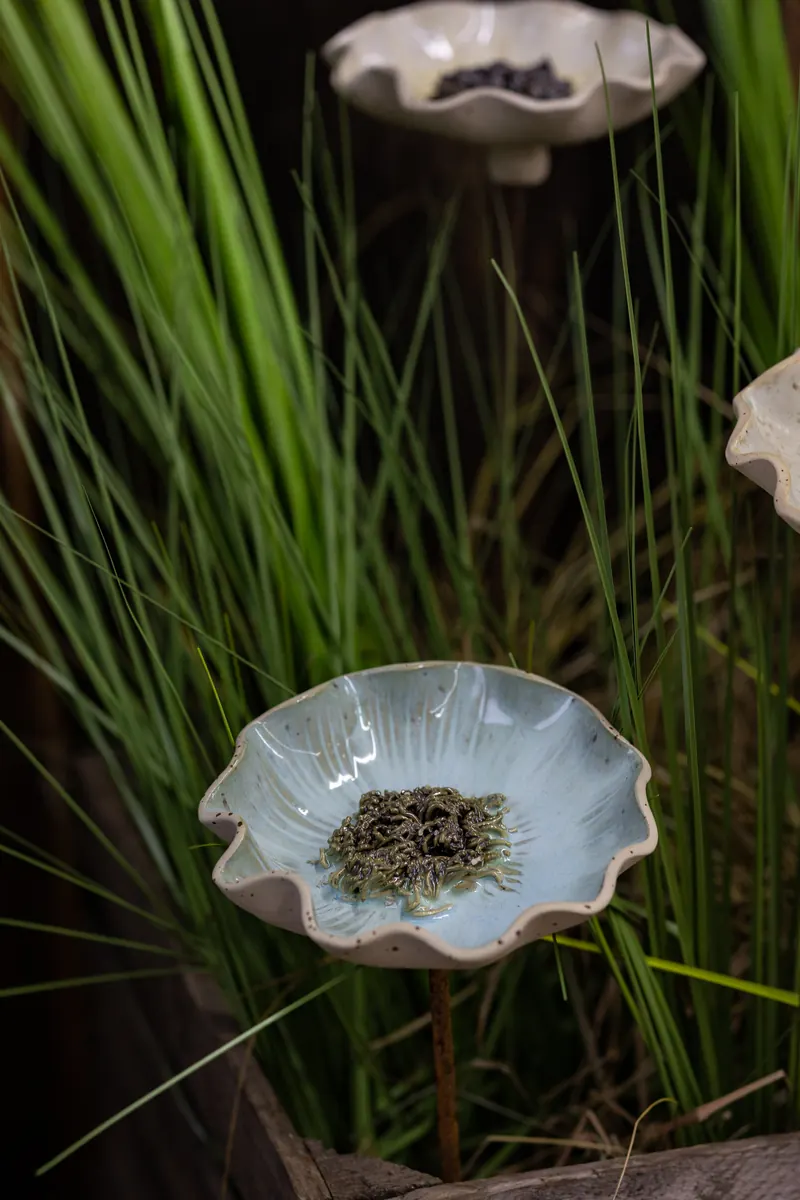 Ceramiczne poidełko dla owadów wśród traw